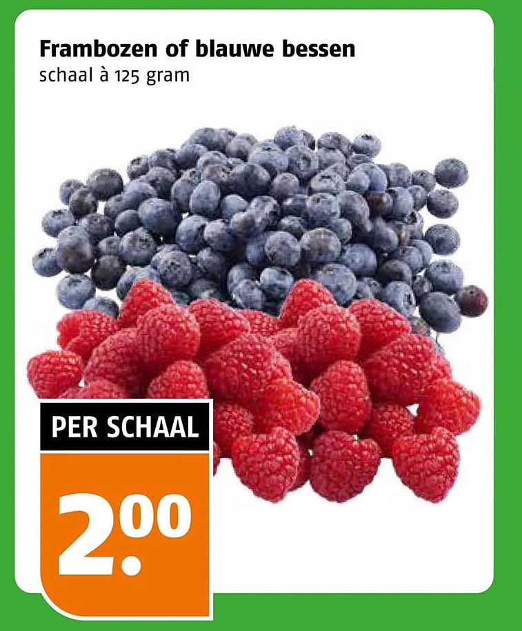 Frambozen of blauwe bessen schaal à 125 gram PER SCHAAL