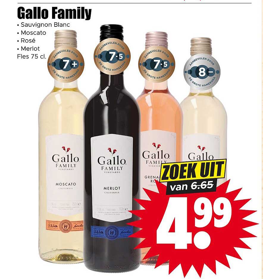 Gallo Family Sauvignon Blanc, Moscato, Rosé, Merlot Fles 75 cl. ZOEK UIT
