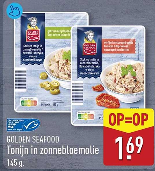 GOLDEN SEAFOOD Tonijn in zonnebloemolie 145 g OP=OP