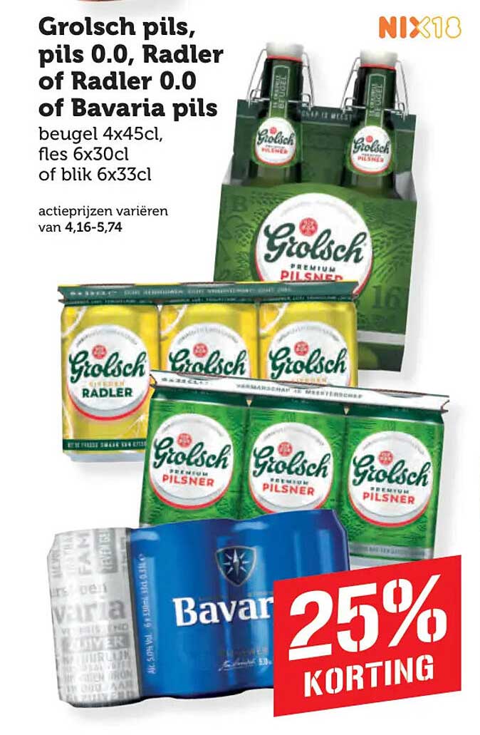 Grolsch pils, pils 0.0, Radler of Radler 0.0 of Bavaria pils 25% korting
