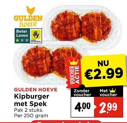 GULDEN HOEVE Kipburger met Spek Pak 2 stuks. Per 250 gram VOUCHER ACTIE
