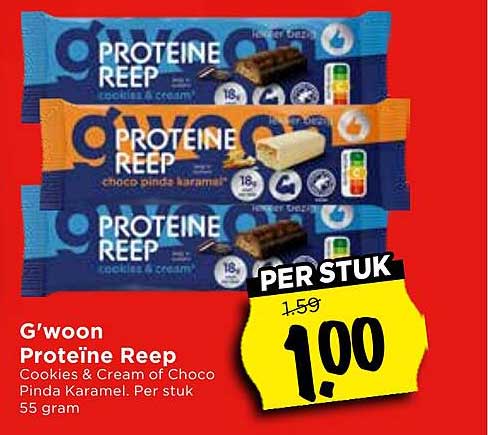 G'woon Proteïne Reep Cookies & Cream of Choco Pinda Karamel. Per stuk 55 gram