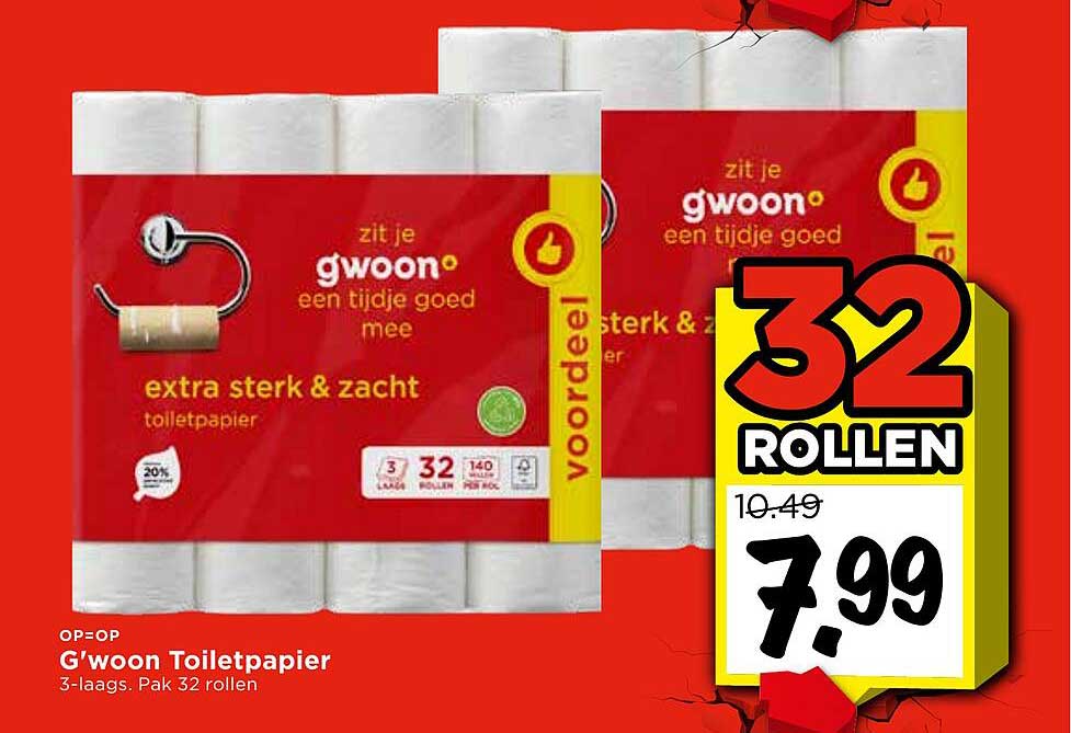G'woon Toiletpapier 3-laags. Pak 32 rollen
