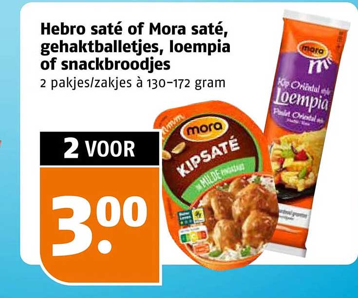 Hebro saté of Mora saté, gehaktballetjes, loempia of snackbroodjes 2 voor 3.00
