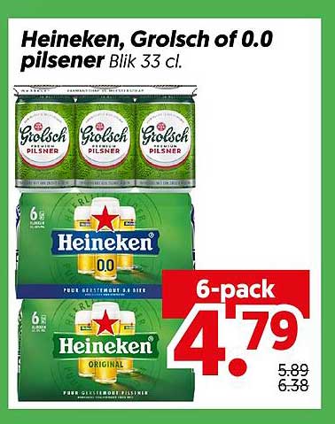 Heineken, Grolsch of 0.0 pilsener Blik 33 cl.