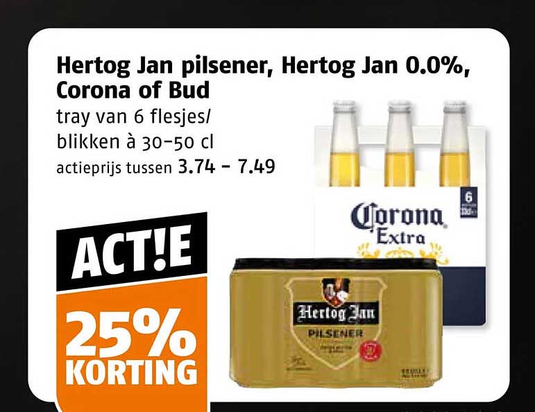 Hertog Jan pilsener, Hertog Jan 0.0%, Corona of Bud tray van 6 flesjes/blikken à 30–50 cl 25% KORTING