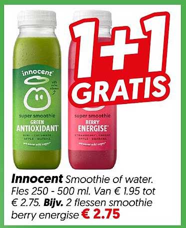 Innocent Smoothie of water. Fles 250 - 500 ml. 1+1 GRATIS