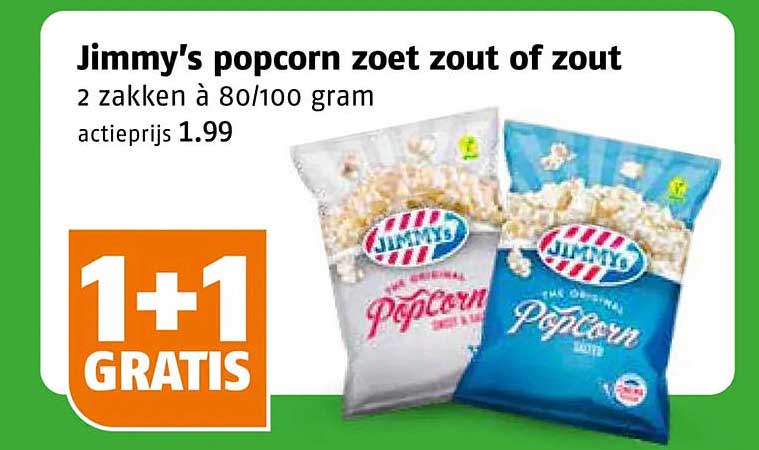 Jimmy's popcorn zoet zout of zout 1+1 GRATIS