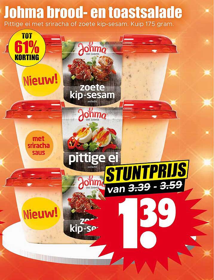 Johma brood- en toastsalade Pittige ei met sriracha of zoete kip-sesam. Kuip 175 gram.