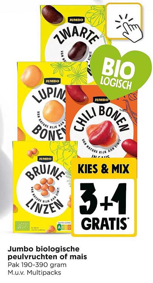 Jumbo biologische peulvruchten of mais Kies & mix 3+1 gratis