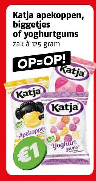 Katja apekoppen, biggetjes of yoghurtgums zak à 125 gram OP=OP!