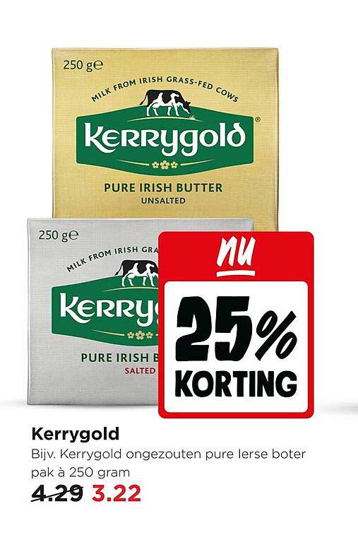 Kerrygold Bijv. Kerrygold ongezouten pure Ierse boter pak à 250 gram 25% korting