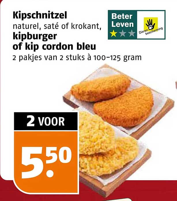 Kipschnitzel naturel, saté of krokant, kipburger of kip cordon bleu