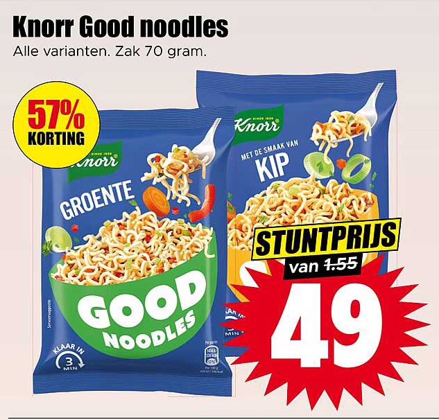 Knorr Good noodles Alle varianten. Zak 70 gram. 57% korting
