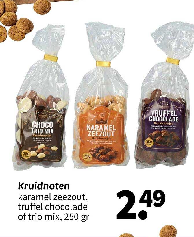 Kruidnoten karamel zeezout, truffel chocolade of trio mix, 250 gr