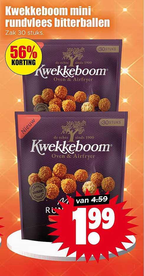 Kwekkeboom mini rundvlees bitterballen Zak 30 stuks. 56% korting
