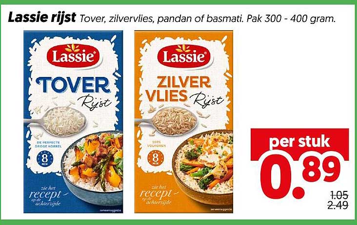 Lassie rijst tover, zilvervlies, pandan of basmati. Pak 300 - 400 gram.