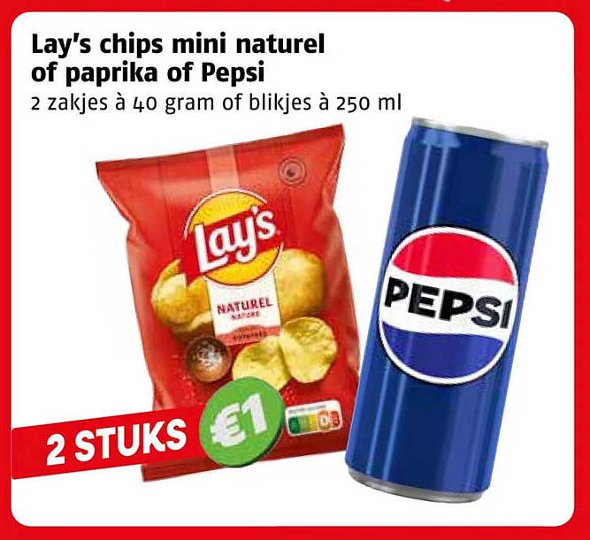 Lay's chips mini naturel of paprika of Pepsi 2 zakjes à 40 gram of blikjes à 250 ml
