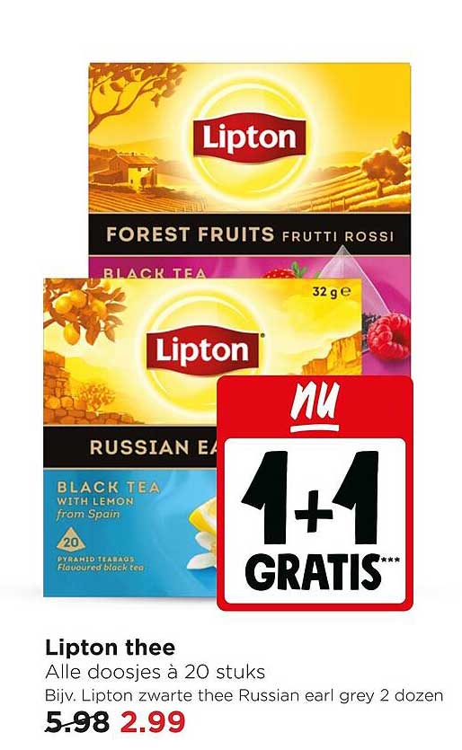 Lipton thee Alle doosjes à 20 stuks Nu 1+1 gratis