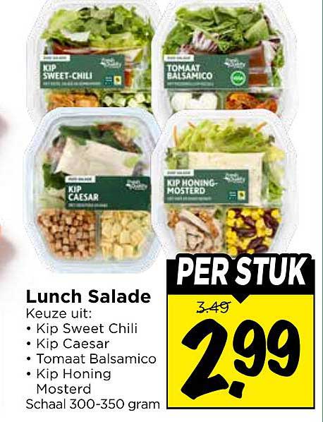 Lunch Salade Keuze uit: Kip Sweet Chili, Kip Caesar, Tomaat Balsamico, Kip Honing Mosterd Schaal 300-350 gram