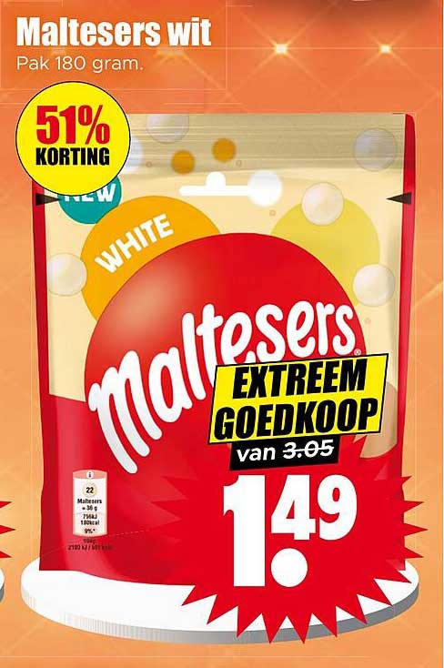 Maltesers wit Pak 180 gram. EXTREEM GOEDKOOP 51% KORTING