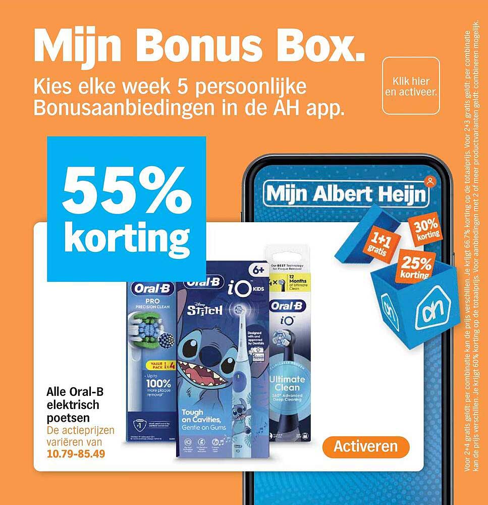 Mijn Bonus Box. Kies elke week 5 persoonlijke Bonusaanbiedingen in de AH app. 55% korting