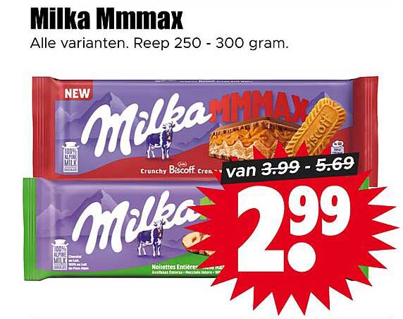 Milka Mmmax Alle varianten. Reep 250 - 300 gram.