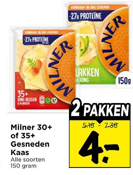 Milner 30+ of 35+ Gesneden Kaas Alle soorten 150 gram 2 pakken