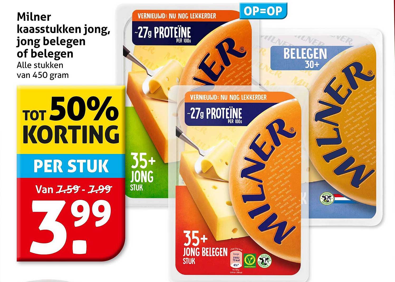 Milner kaasstukken jong, jong belegen of belegen - Alle stukken van 450 gram tot 50% korting per stuk