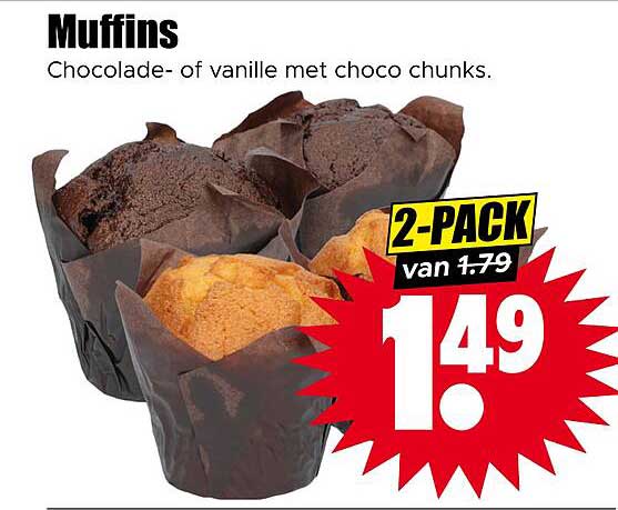 Muffins Chocolade- of vanille met choco chunks. 2-PACK
