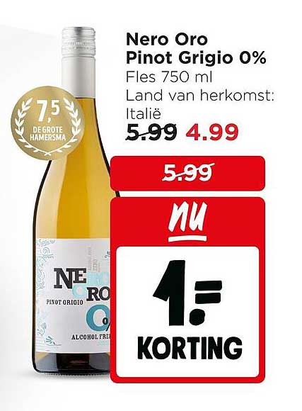 Nero Oro Pinot Grigio 0% Fles 750 ml Land van herkomst: Italië 1e Korting