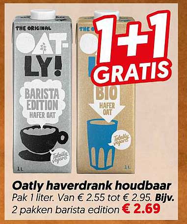 Oatly haverdrank houdbaar Pak 1 liter. Van € 2.55 tot € 2.95. Bijv. 2 pakken barista edition 1+1 GRATIS