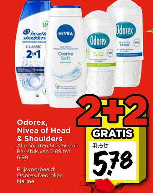 Odorex, Nivea of Head & Shoulders Alle soorten 50-250 ml. Per stuk van 2.89 tot 6.99 2+2 GRATIS