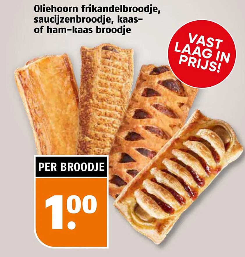 Oliehoorn frikandelbroodje, saucijzenbroodje, kaas- of ham-kaas broodje VAST LAAG IN PRIJS!