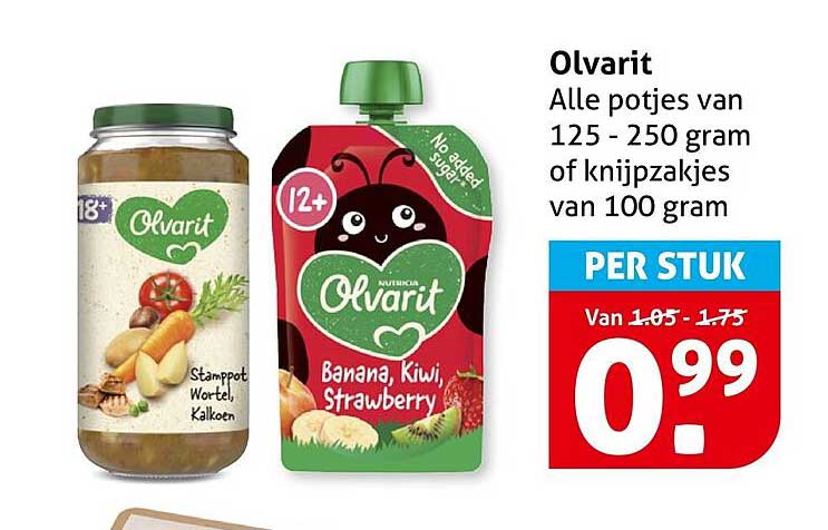 Olvarit Alle potjes van 125 - 250 gram of knijpzakjes van 100 gram PER STUK