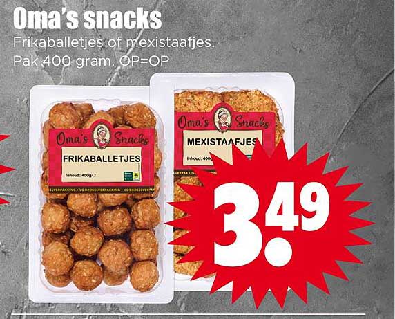 Oma's snacks Frikiballetjes of mexistafjes. Pak 400 gram. OP=OP