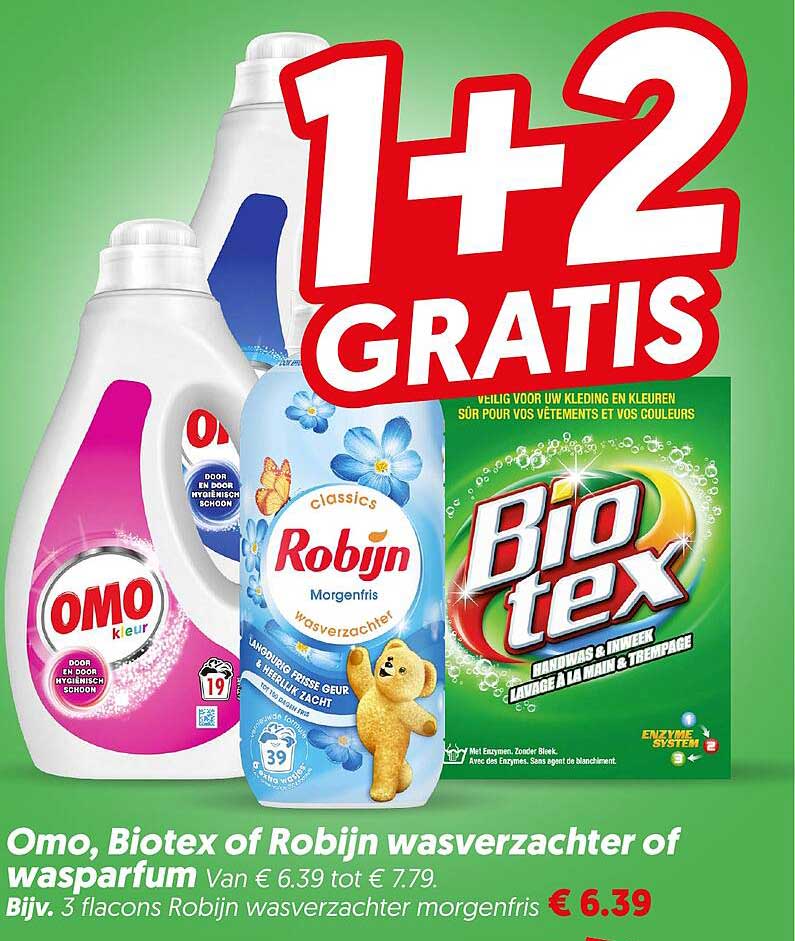 Omo, Biotex of Robijn wasverzachter of wasparfum 1+2 GRATIS