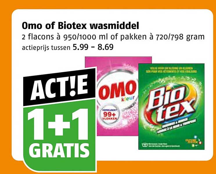 Omo of Biotex wasmiddel 1+1 GRATIS