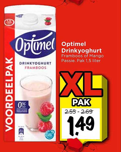 Optimel Drinkyoghurt Framboos of Mango Passie. Pak 1,5 liter XL PAK