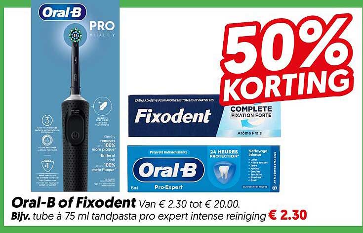 Oral-B of Fixodent Van € 2.30 tot € 20.00. Bijv. tube à 75 ml tandpasta pro expert intense reiniging