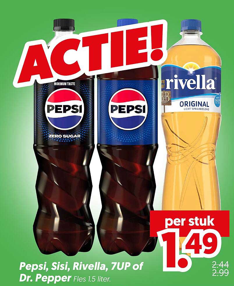 Pepsi, Sisi, Rivella, 7UP of Dr. Pepper Fles 1.5 liter per stuk