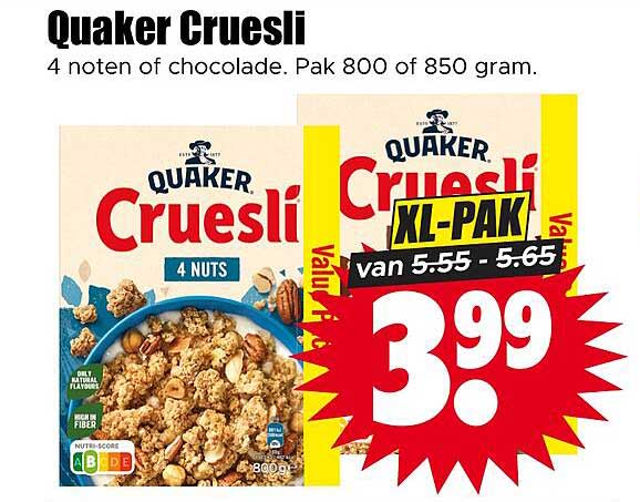 Quaker Cruesli 4 noten of chocolade. Pak 800 of 850 gram. XL-PAK