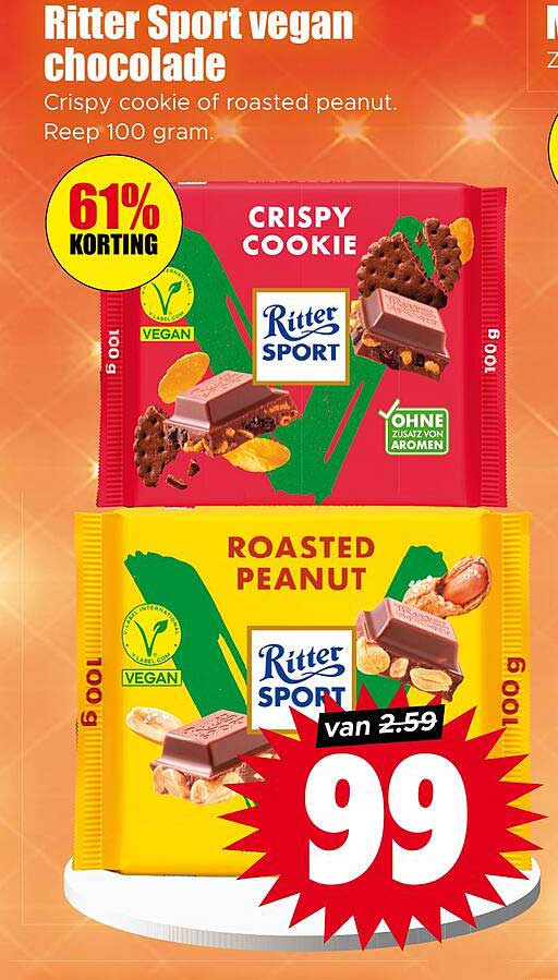 Ritter Sport vegan chocolade Crispy cookie of roasted peanut. Reep 100 gram.