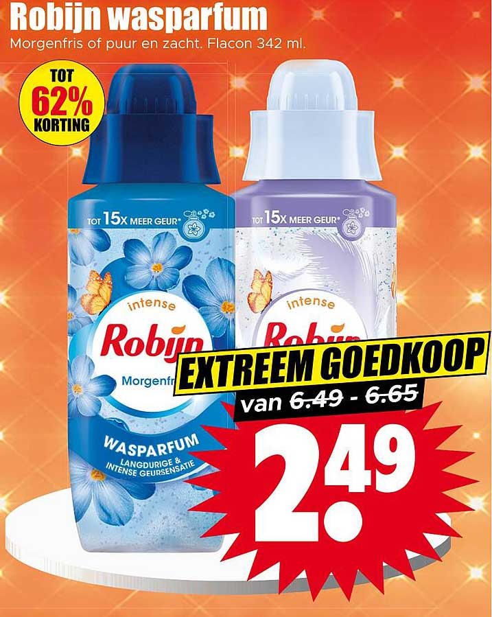 Robijn wasparfum Morgenfris of puur en zacht. Flacon 342 ml. EXTREEM GOEDKOOP