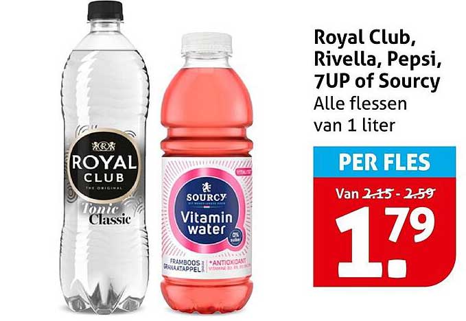 Royal Club, Rivella, Pepsi, 7UP of Sourcy Alle flessen van 1 liter PER FLES