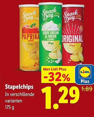 Snack Day Stapelchips in verschillende varianten 175 g -32%