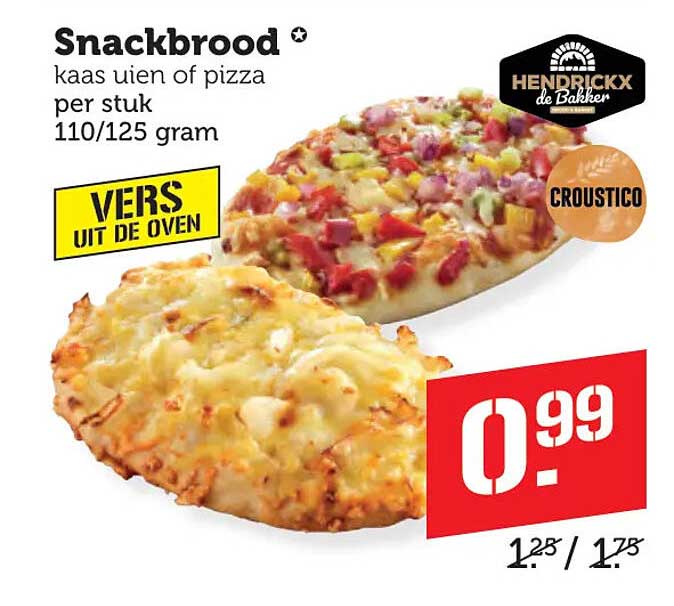 Snackbrood kaas uien of pizza per stuk 110/125 gram VERS UIT DE OVEN