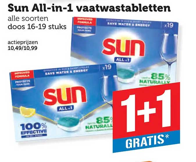 Sun All-in-1 vaatwastabletten alle soorten doos 16-19 stuks 1+1 gratis