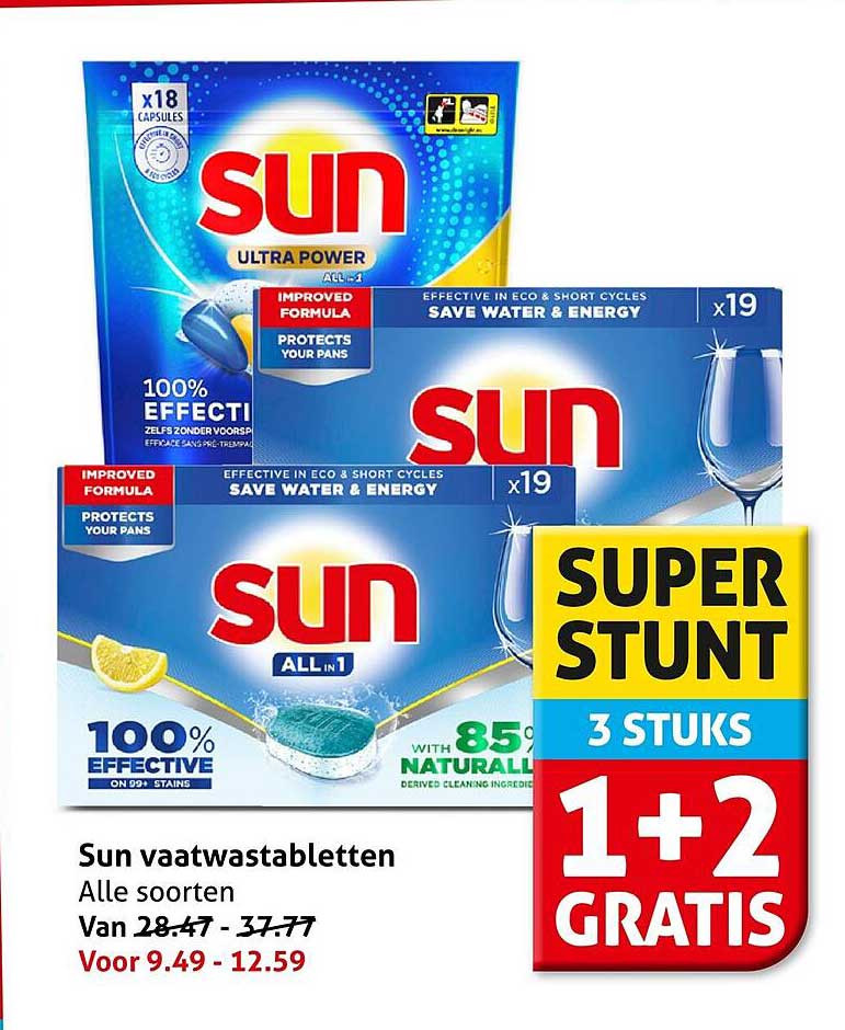 Sun vaatwastabletten Alle soorten 1+2 GRATIS
