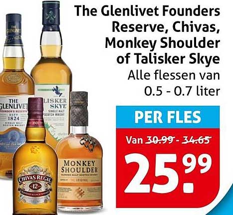 The Glenlivet Founders Reserve, Chivas, Monkey Shoulder of Talisker Skye Alle flessen van 0.5 - 0.7 liter PER FLES